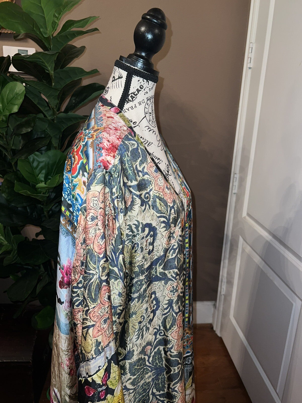 Johnny Was Large 100% Silk Kimono Cherry Blossoms STUNNING BACK Button Up Blouse Johnny Was