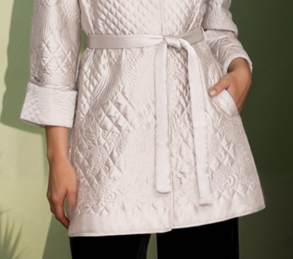 Johnny Was XL Ivory Quilted Jacket Dressy Field Coat Belted Button Up Johnny Was