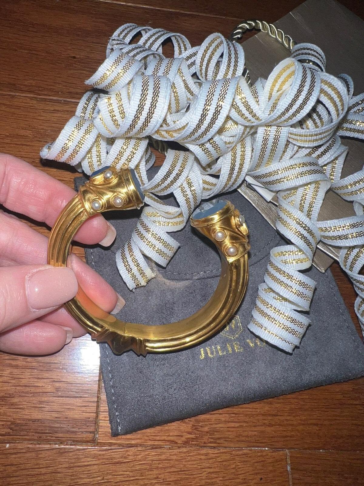 Julie Vos Blue & Pearl 24k Gold Plated Large Hinged Cuff Bangle Bracelet Julie Vos