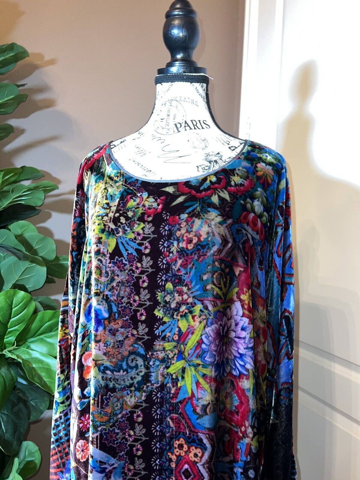 Johnny Was Floral Velvet Tunic Top Mini Dress Long Sleeve Sz XL Jewel Tones