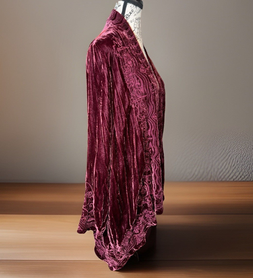 Johnny Was L Large Deep Wine Red Velvet Kimono Wrap Cardigan Tonal Embroidery Johnny Was