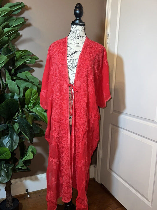 Johnny Was O/S Silky Embroidered Kimono Wrap Dress Cover Up Red Raspberry