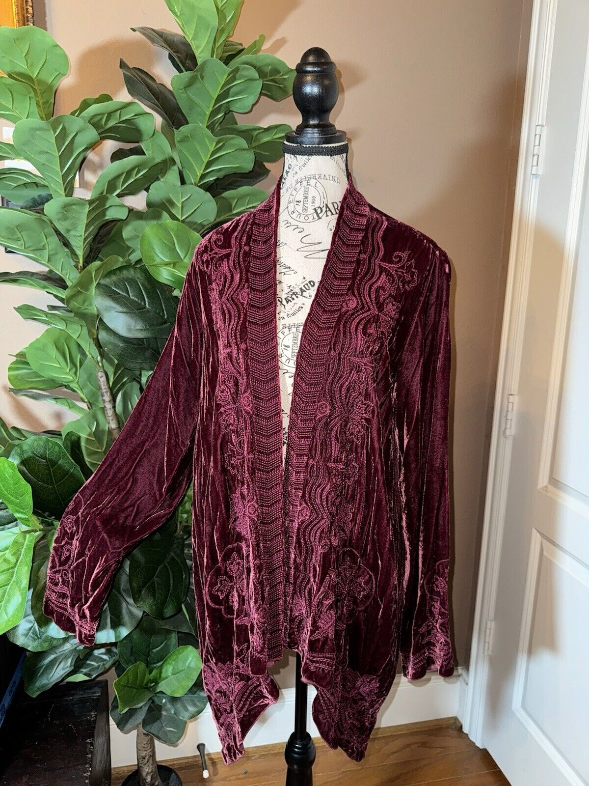 Johnny Was L Deep Wine Red Velvet Kimono Wrap Cardigan Tonal Embroidery