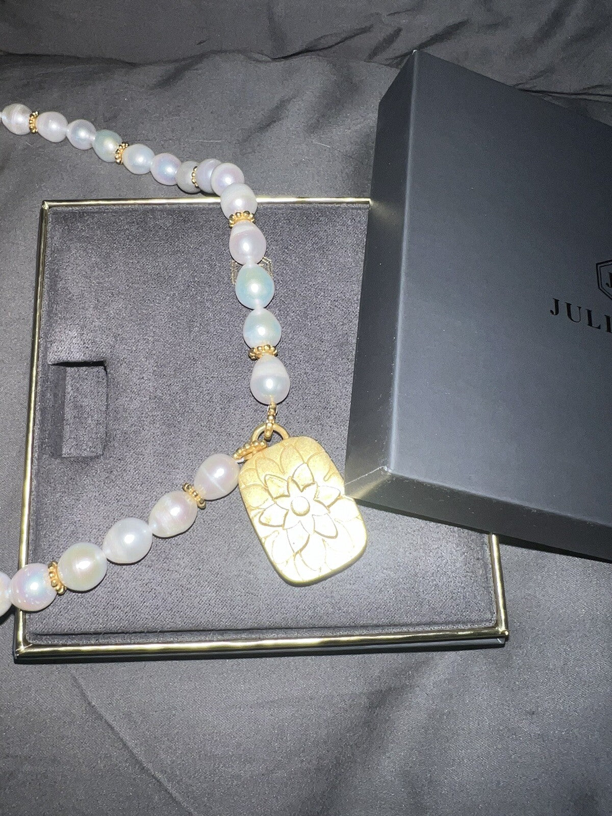 Julie Vos Freshwater Pearl & Obsidian 24k Gold Plate Statement Necklace WOW! Julie Vos