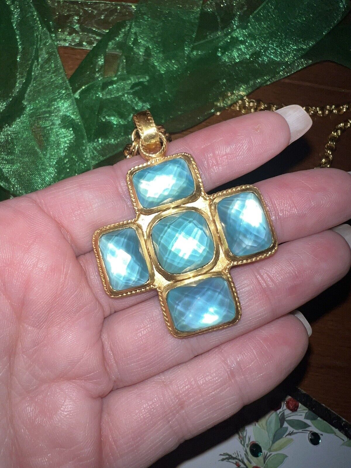 Julie Vos Heavy Link Necklace & Blue Iridescent Crystal Cross Pendant