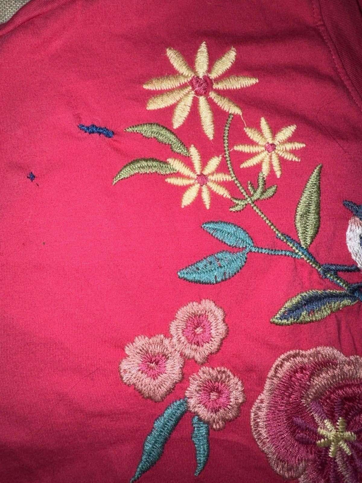 Johnny Was S Small Pink Cap Sleeve Tee T-Shirt Embroidered Bohemian *FLAWS* READ Johnny Was