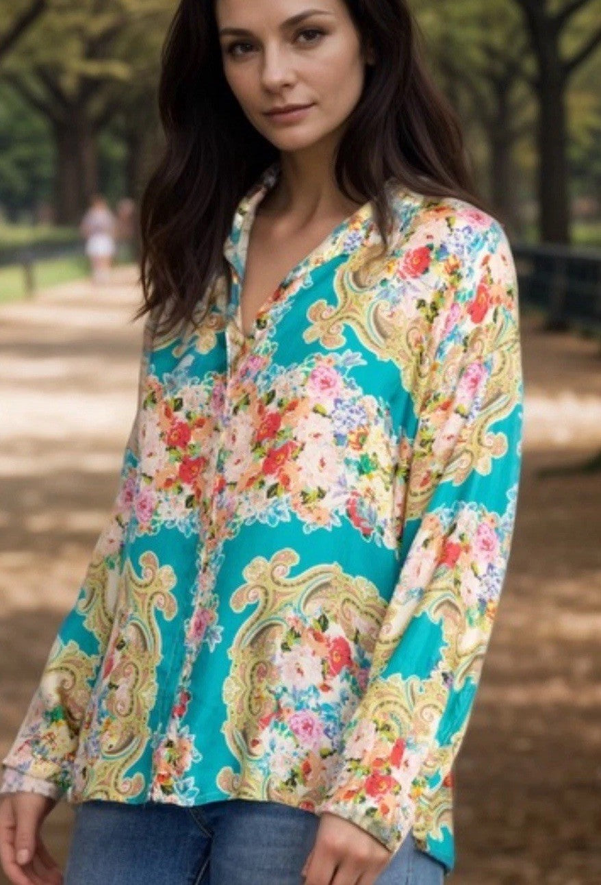 Johnny Was 3X Plus 100% Silk Button Up Blouse Top Tunic Shirt Cool Lightweight Johnny Was