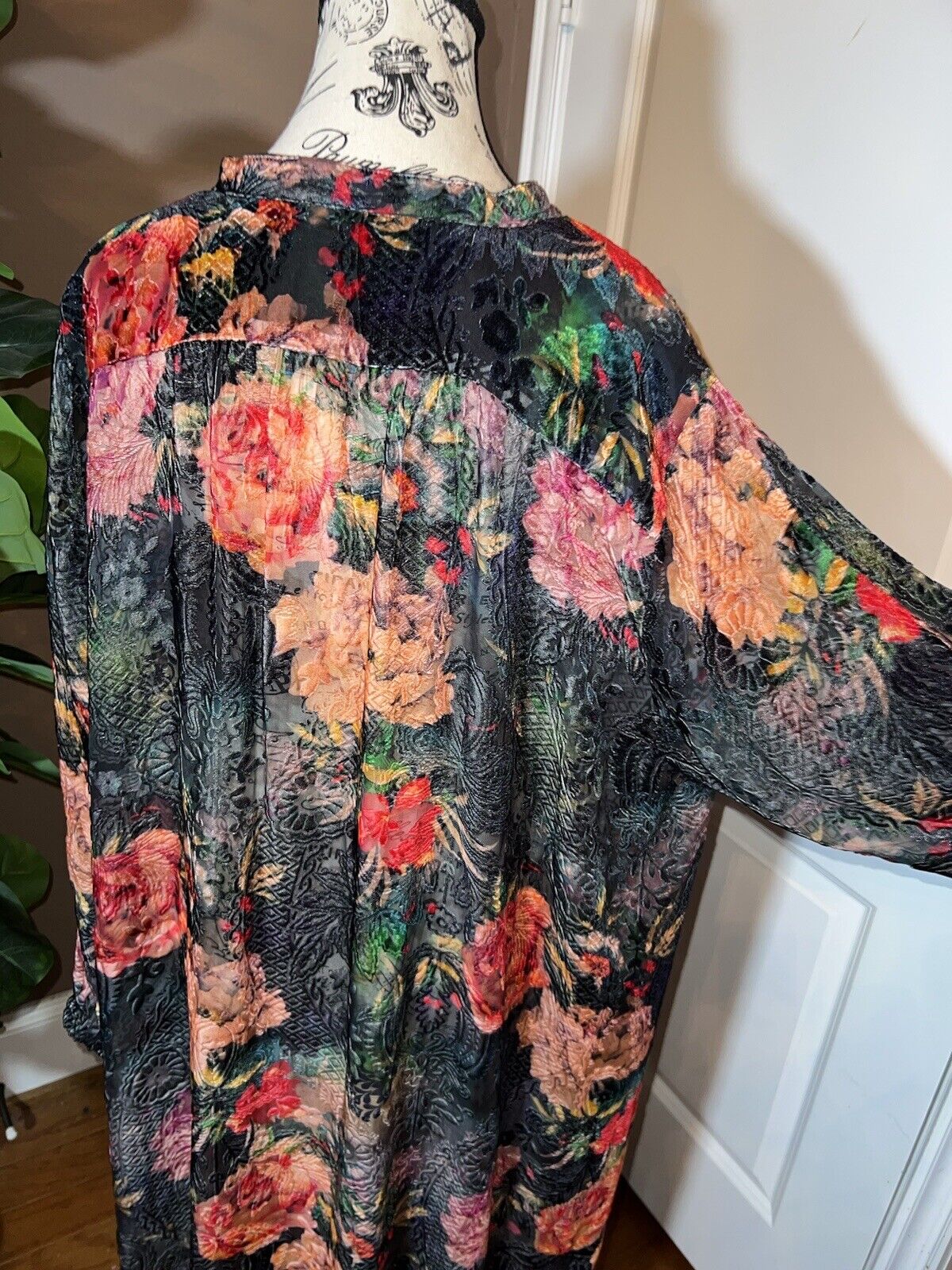 Johnny Was 1X XL Burnout Velvet Long Dress Kimono Duster Wrap Button Up