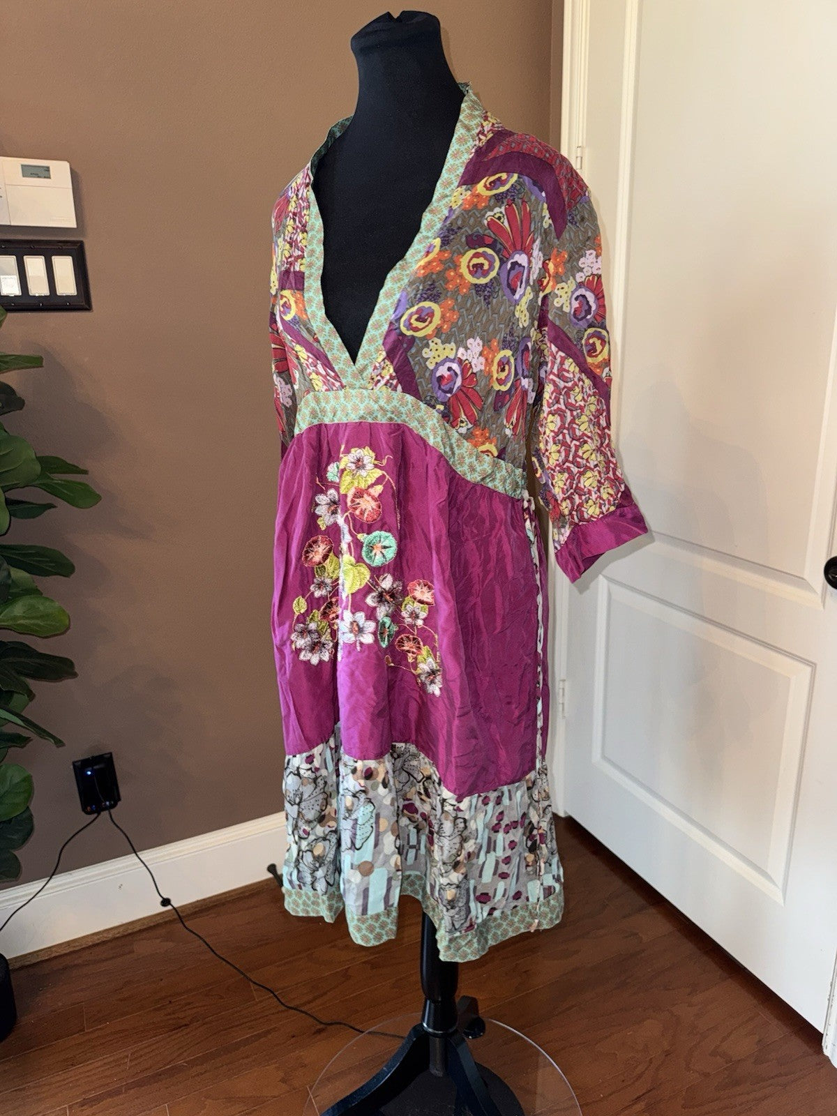 Johnny Was L Purple Tie Waisted Mini Dress Tunic Embroidered Lightweight Cool Johnny Was