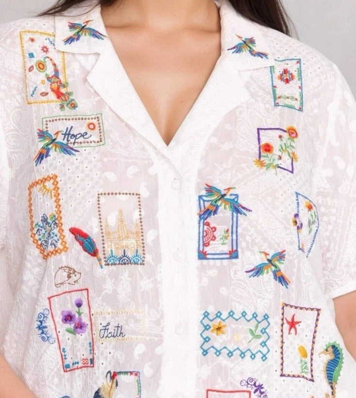Johnny Was 1X Plus White Cotton Button Up Shirt Tunic Top Blouse Embroidered Johnny Was