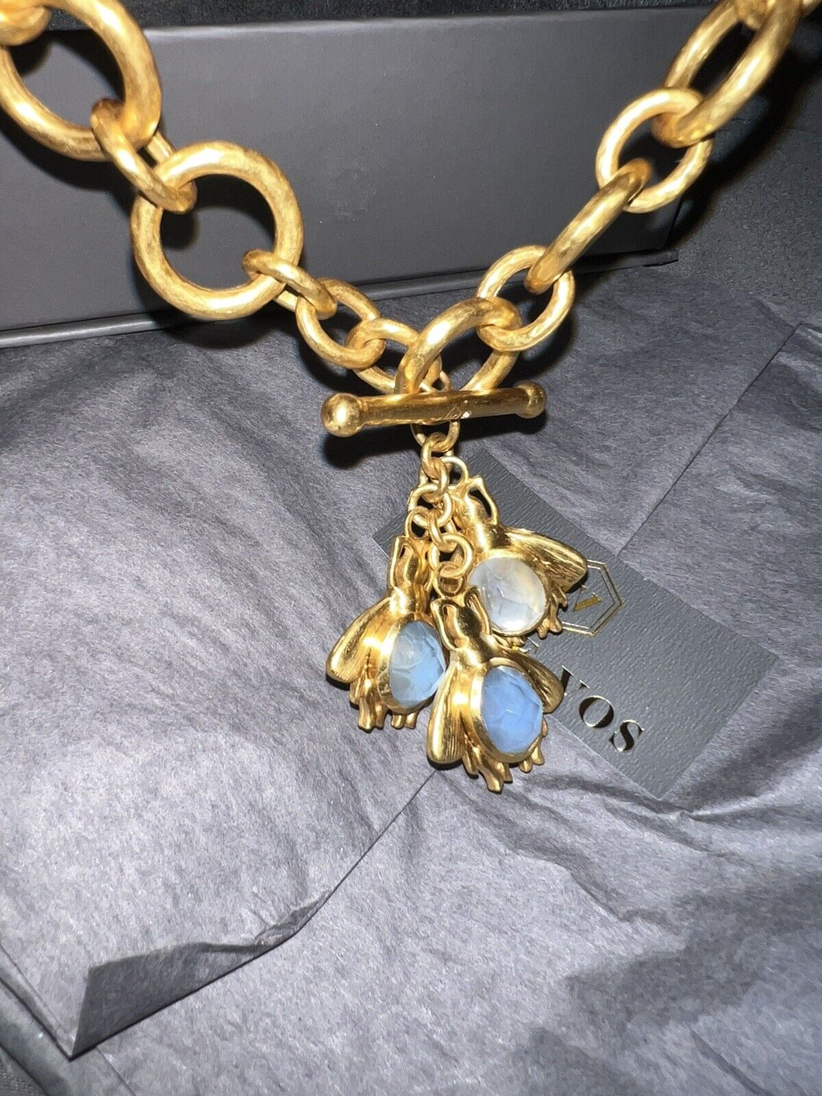 Julie Vos REVERSIBLE Bee Toggle Link Necklace 24k Gold Plate Chalcedony Clear