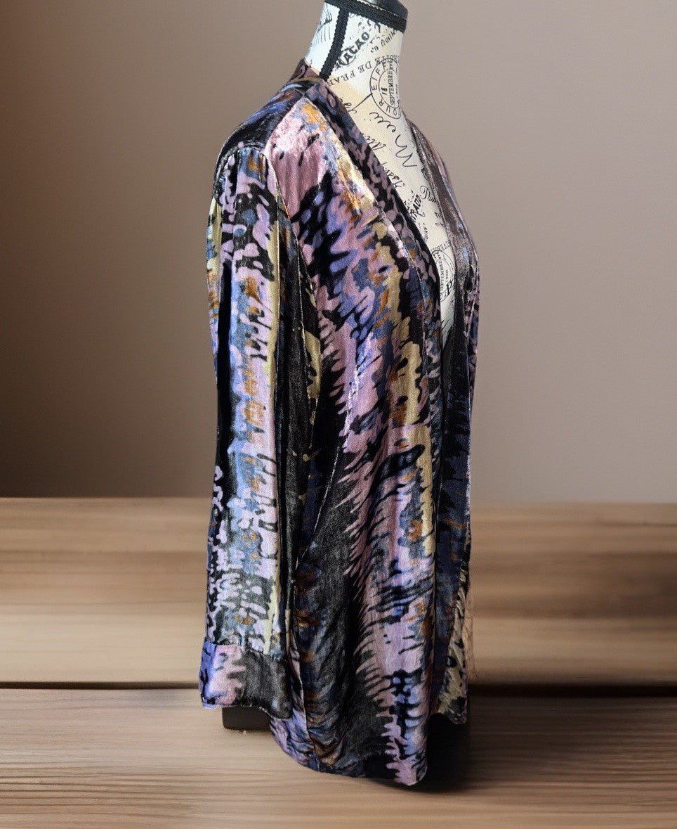 Johnny Was M Velvet Silk Lined Kimono Wrap Jacket Purple Blue Gold Artsy BOHO Johnny Was