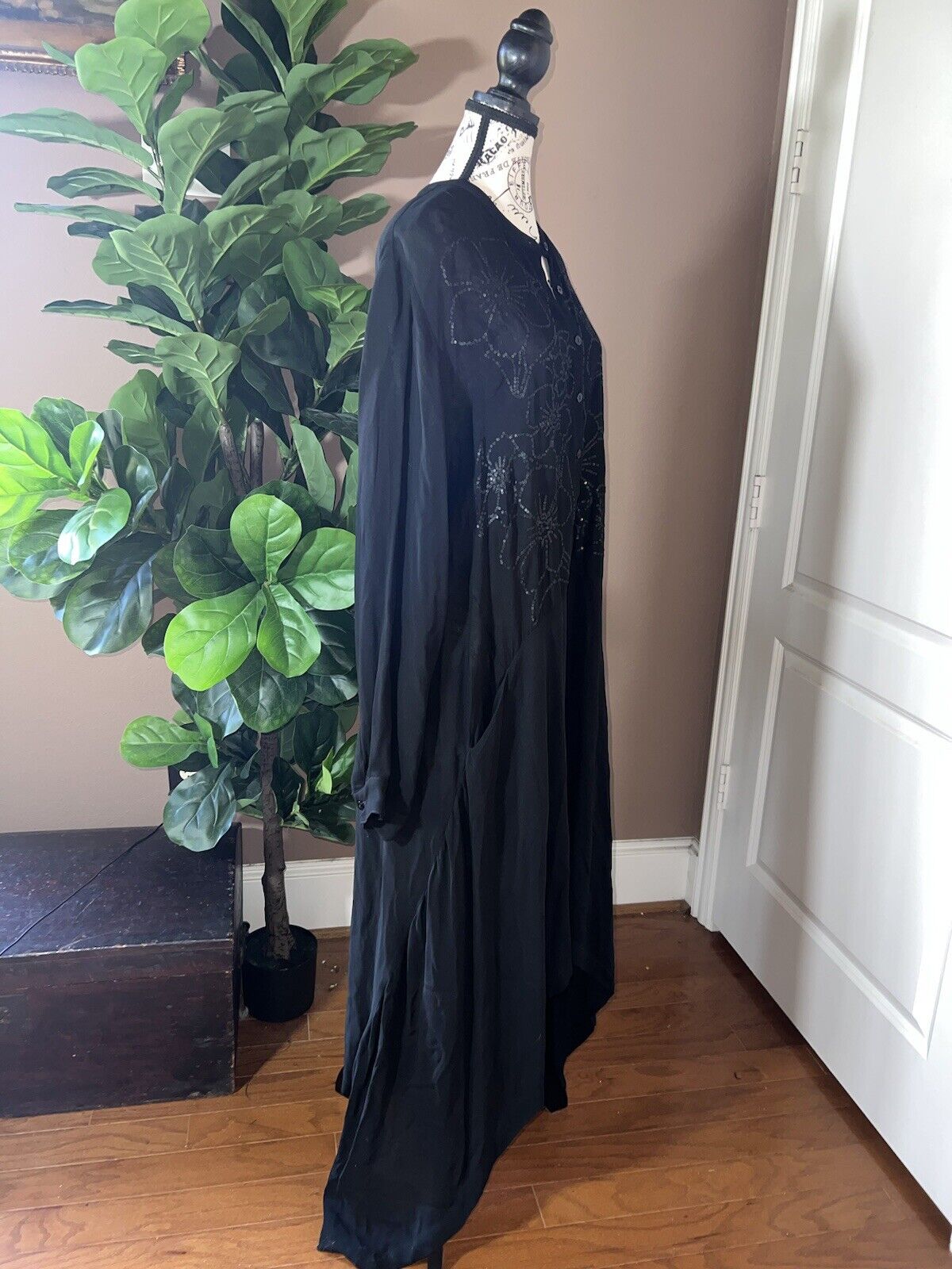 Johnny Was Black L Large Maxi Dress Long Flowy Handkerchief Hem Sequins