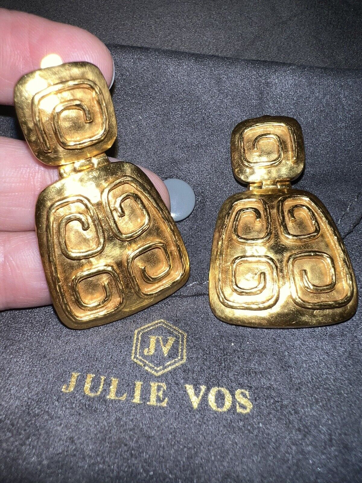 Julie Vos Gold Plated Matte Satin Hammered Drop Statement Clip-On Earrings