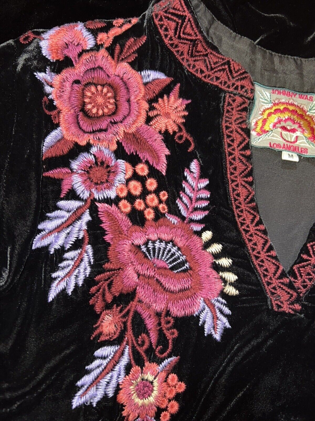 Johnny Was Black Velvet Heavily Embroidered Tunic Top Mini Dress M Medium Floral