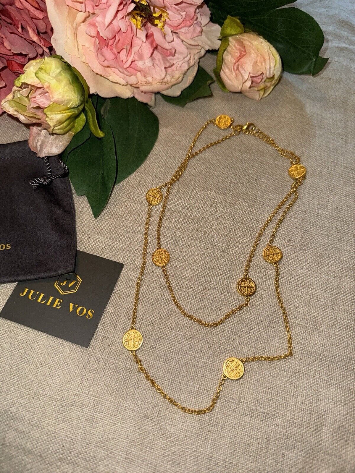 Julie Vos Long Station Coin Medallion & 24k Gold Plated Necklace LONGER STYLE