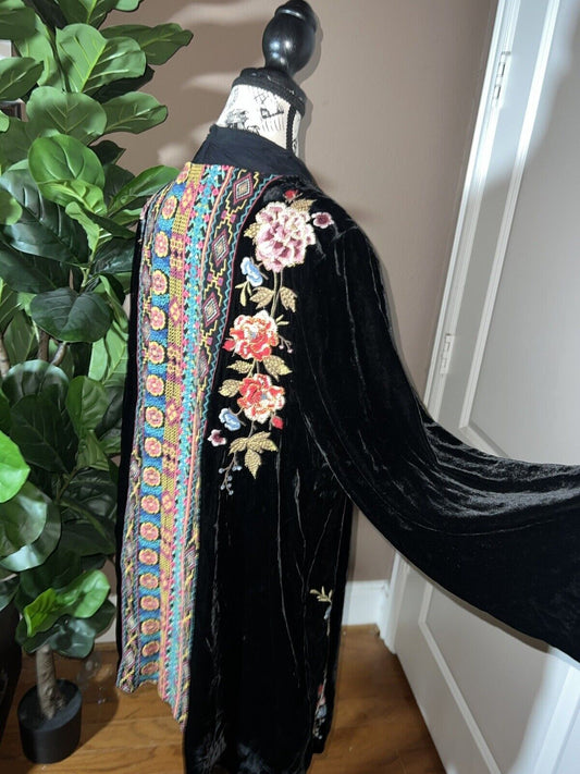 Johnny Was Black Embroidered Velvet & Silk Long Kimono Wrap Large Floral