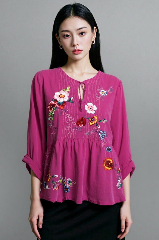 Johnny Was XXL Fushia Pink Tunic Top Peasant Blouse Lightweight Cool Embroidered Johnny Was