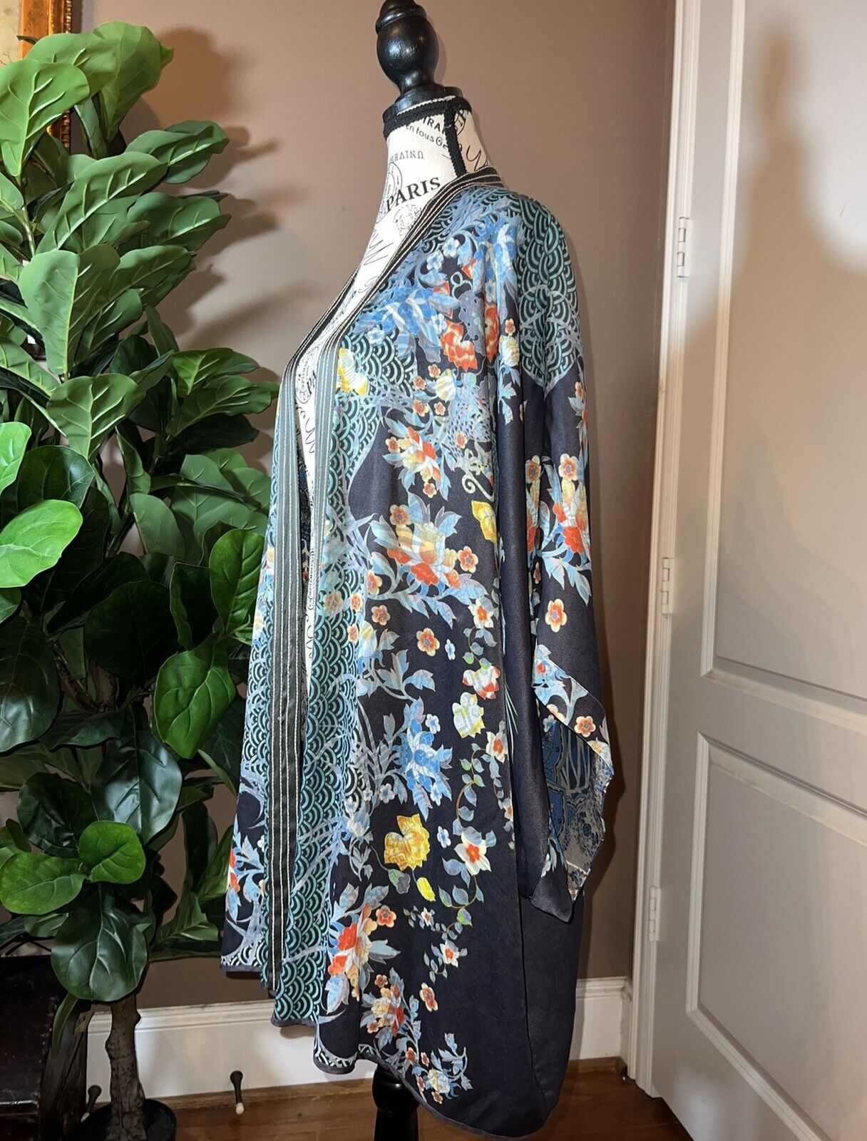 Johnny Was XXL Kimono Duster REVERSIBLE Wrap Cardigan Jacket Dragon Blues