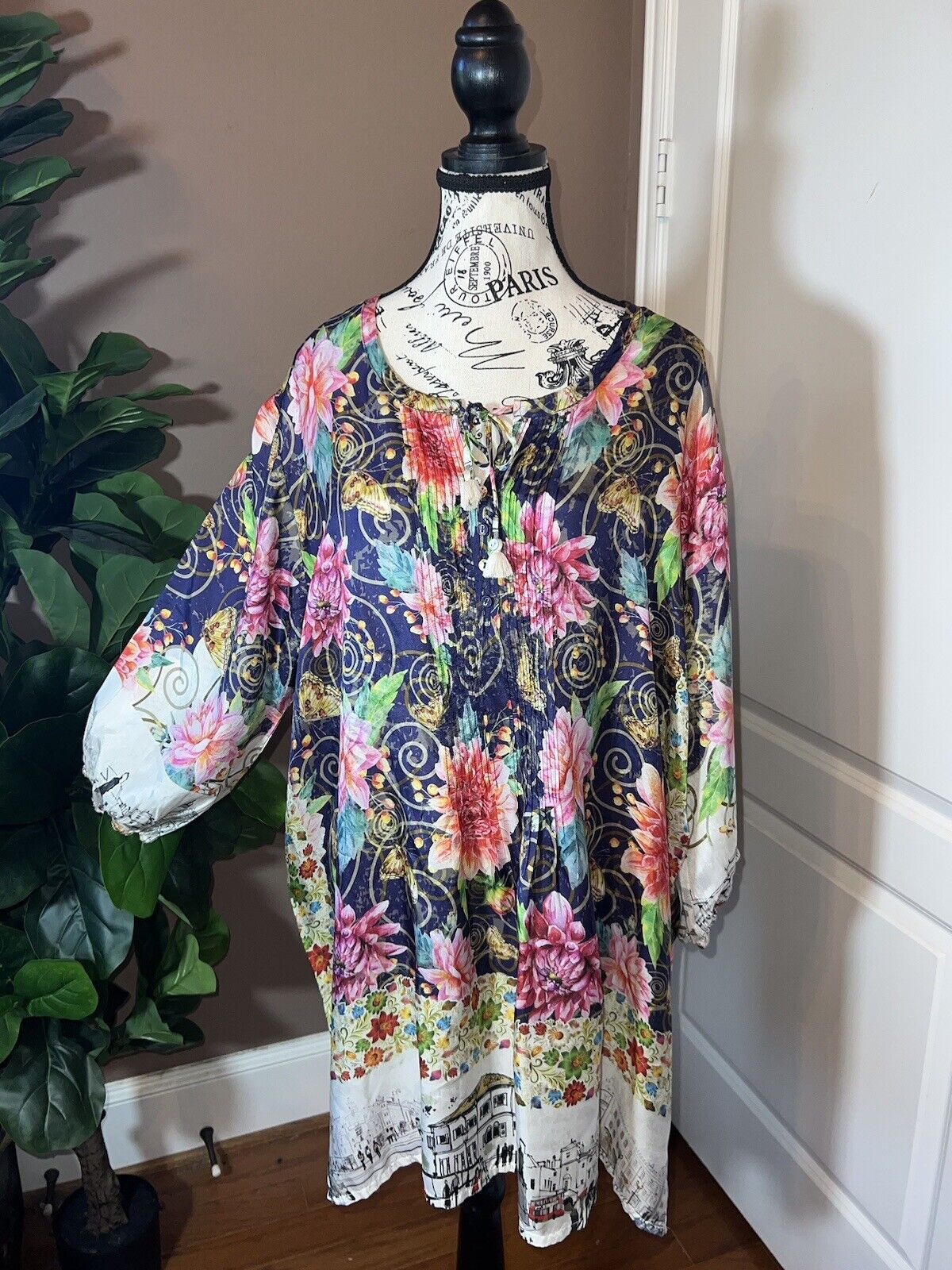 Johnny Was 100% Silk Tunic Top Tassels Jewel Tone XL 1X 1XL Floral &City