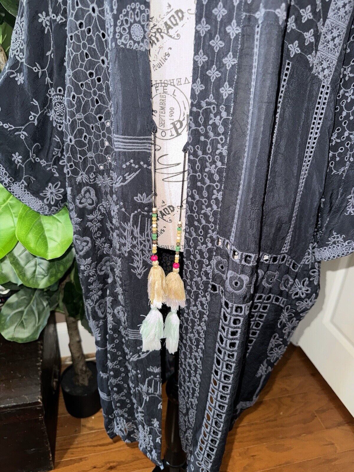 Johnny Was Large Long Kimono Duster 27” PTP Black Eyelet Embroidery Tassels