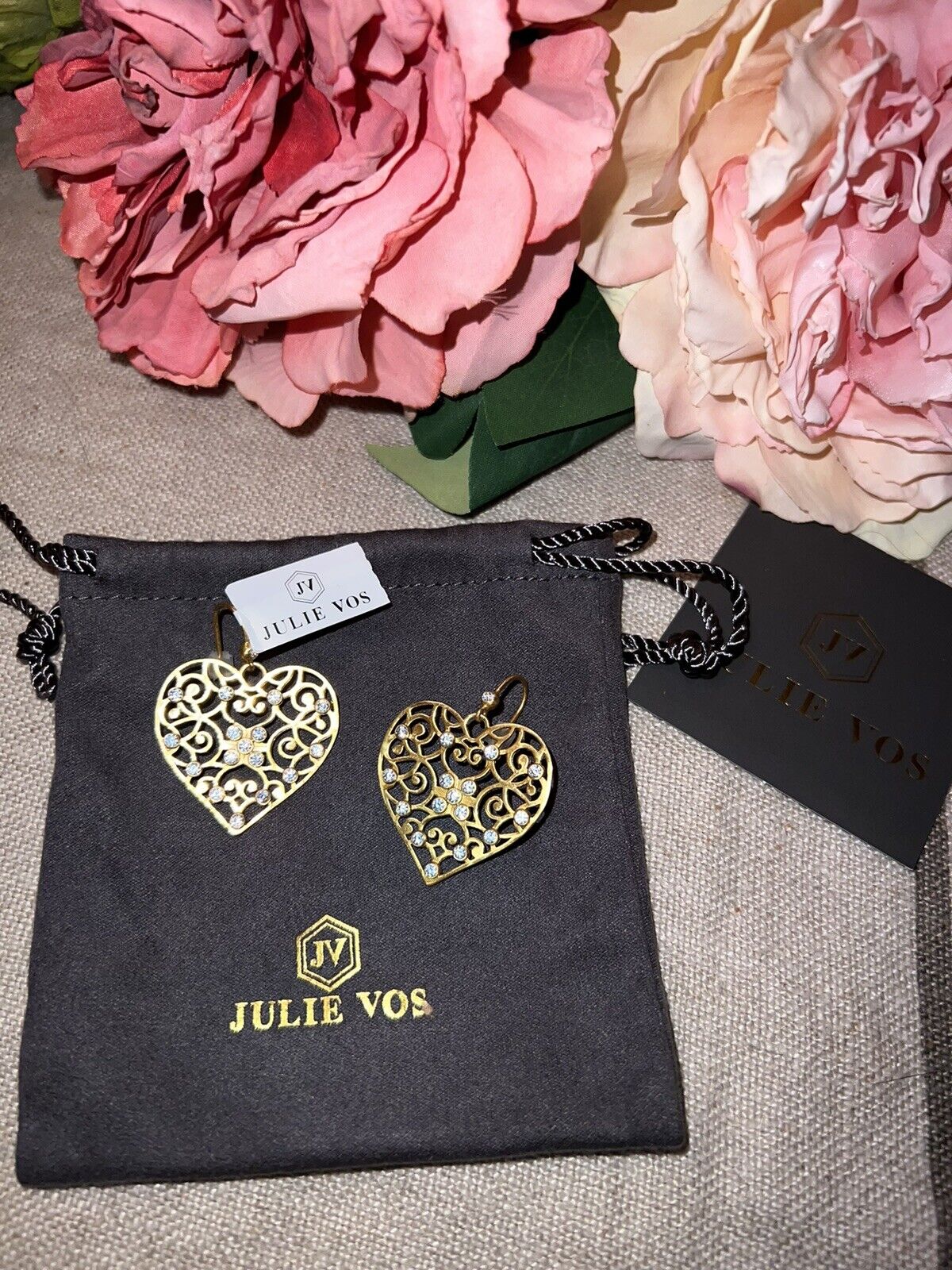 Julie Vos Heart Earrings CZ Embellished 24k Gold Plated Luxe statement