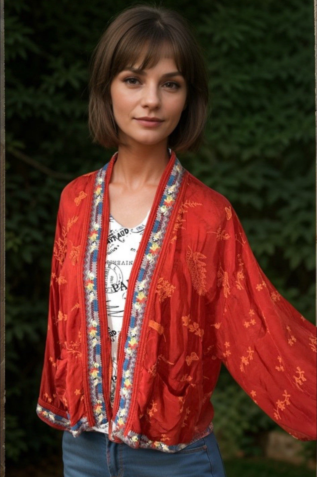 Johnny Was M Orangish Red Short Kimono Wrap Top Embroidered Lightweight Cool Johnny Was