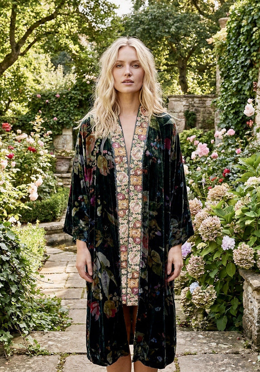 Johnny Was 1X Velvet & Silk Kimono Wrap REVERSIBLE Jewel Tones Floral Jacket Johnny Was