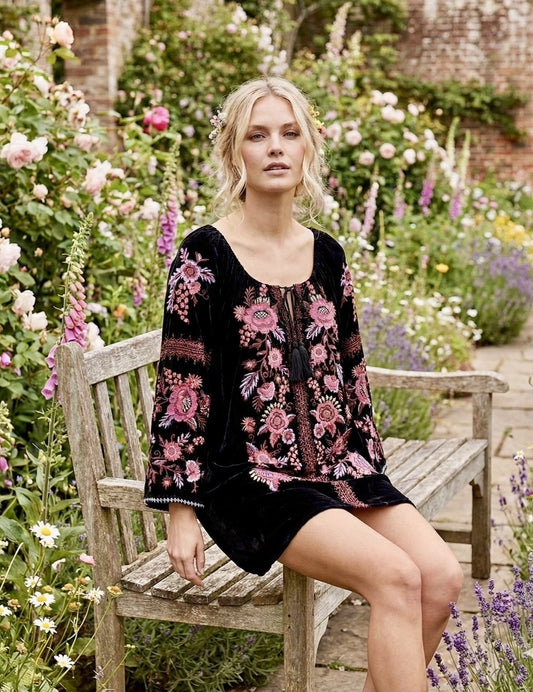 Johnny Was L Large Black & Pink Velvet Peasant Blouse Embroidered Tunic Top Johnny Was