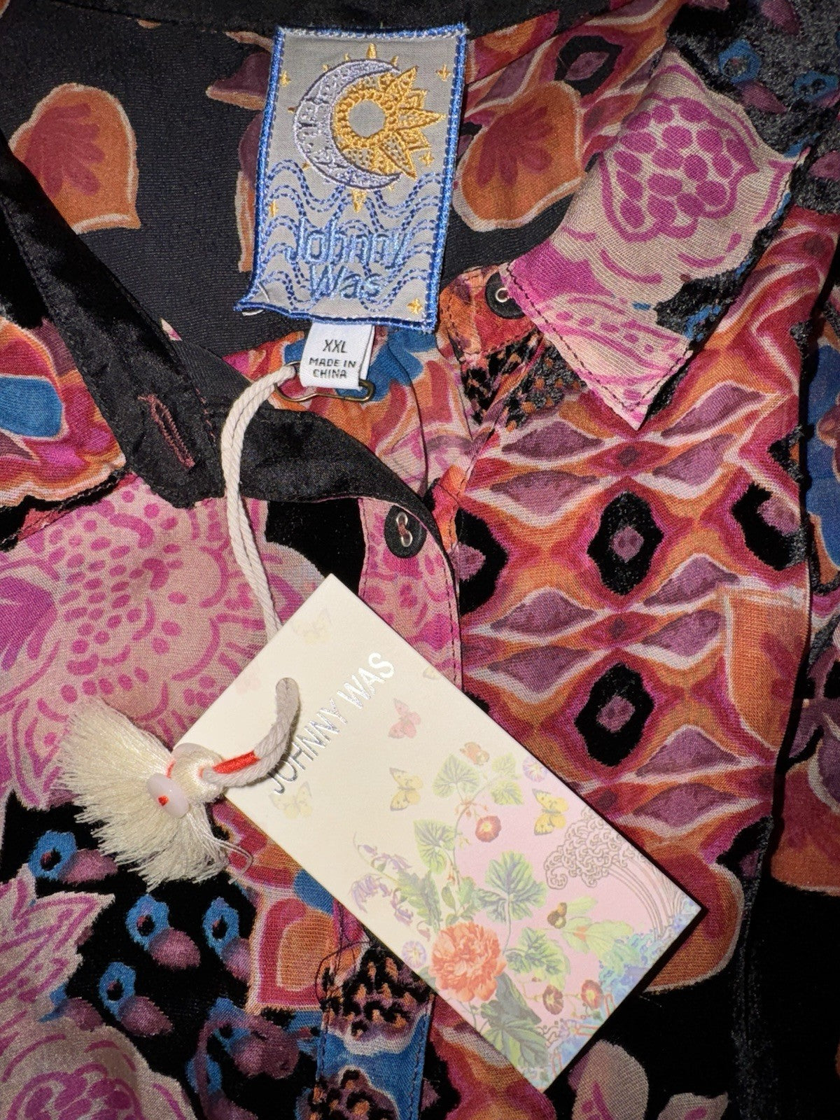 Johnny Was XXL Burnout Silk & Velvet Blouse Pink & Red Button Up Tunic Top BOHO Johnny Was