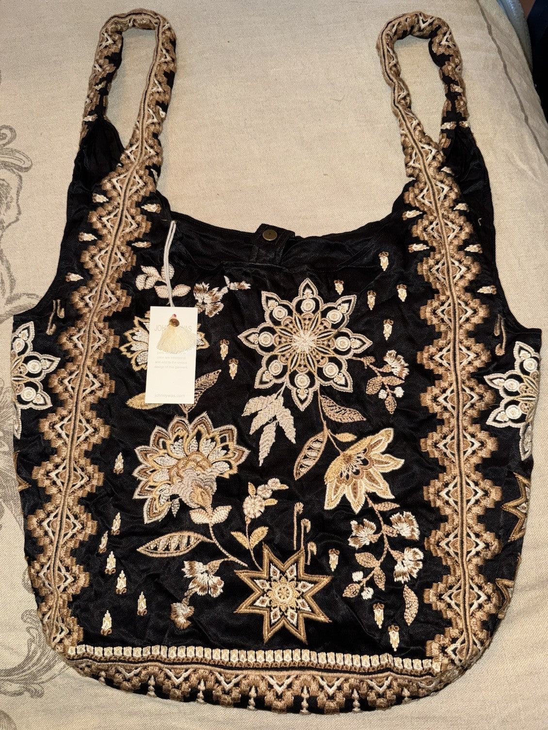 Johnny Was Large Black & Gold Satin Hobo Bag Slouch Tote Purse Embroidered Johnny Was