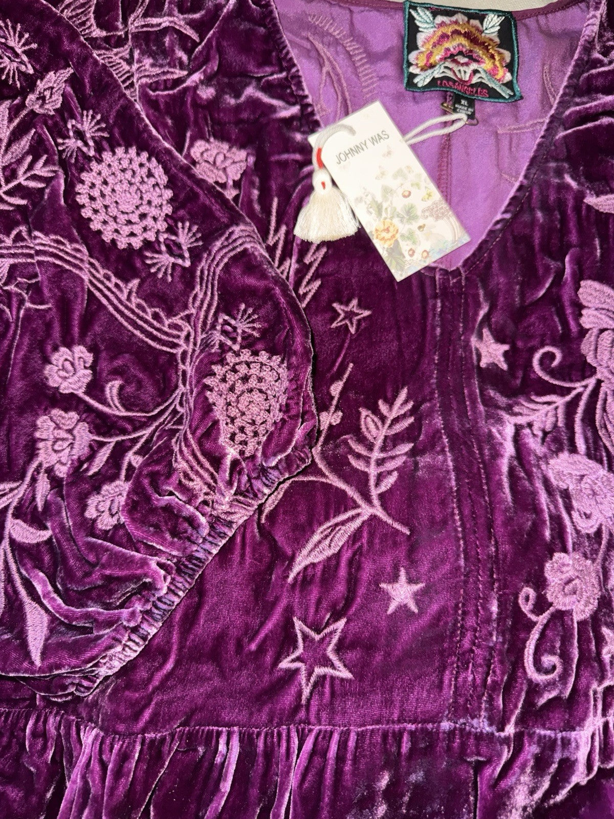 JOHNNY WAS XL Eggplant Velvet Midi Dress Tiered Embroidered Maxi $490 Retail Johnny Was