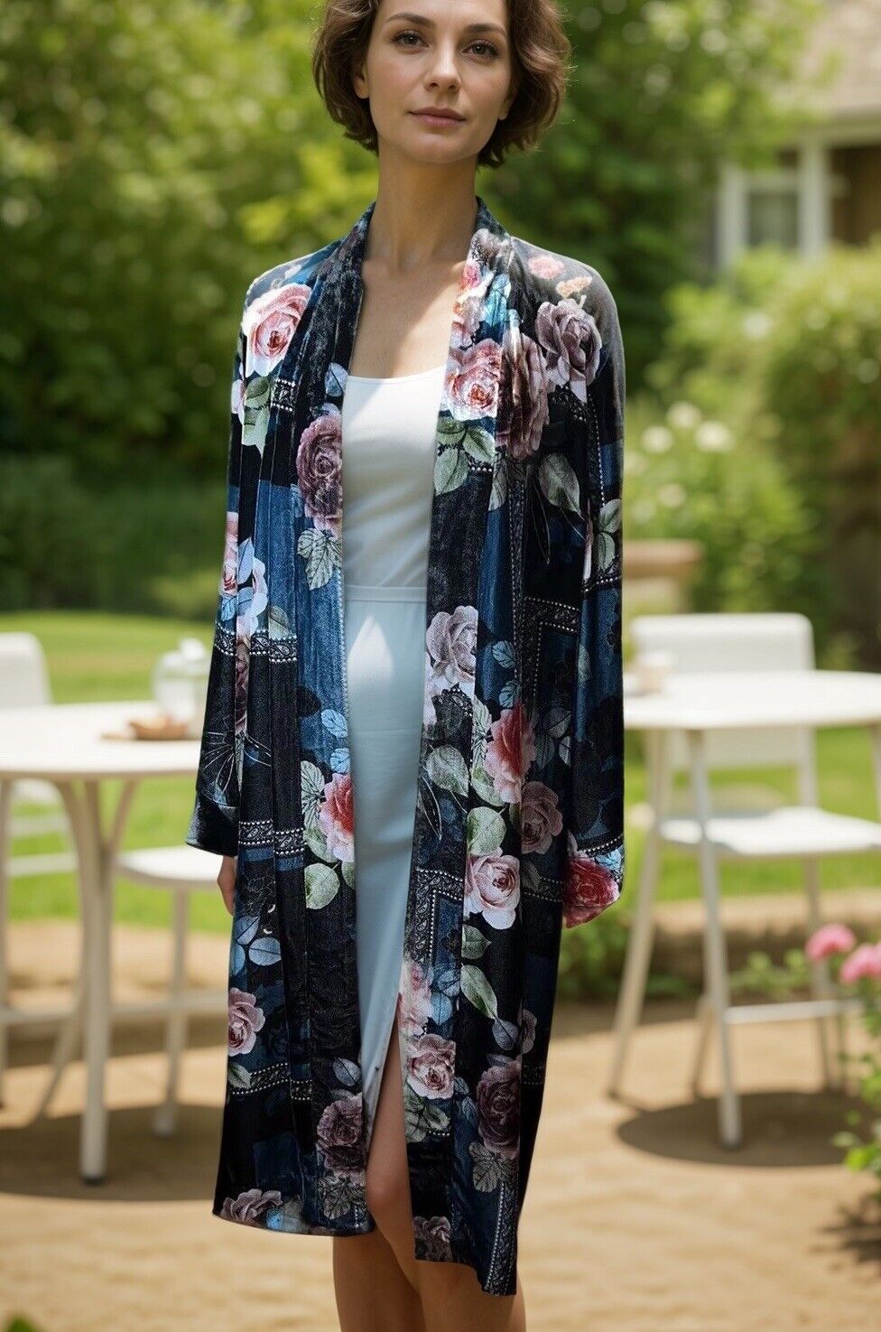 Johnny Was L Velvet & Silk Lined Kimono Wrap Duster Pink & Blue Floral