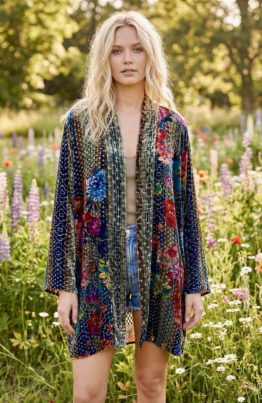 Johnny Was XXL Plus Velvet & Silk Kimono Wrap Jacket Cardigan Duster Floral Johnny Was