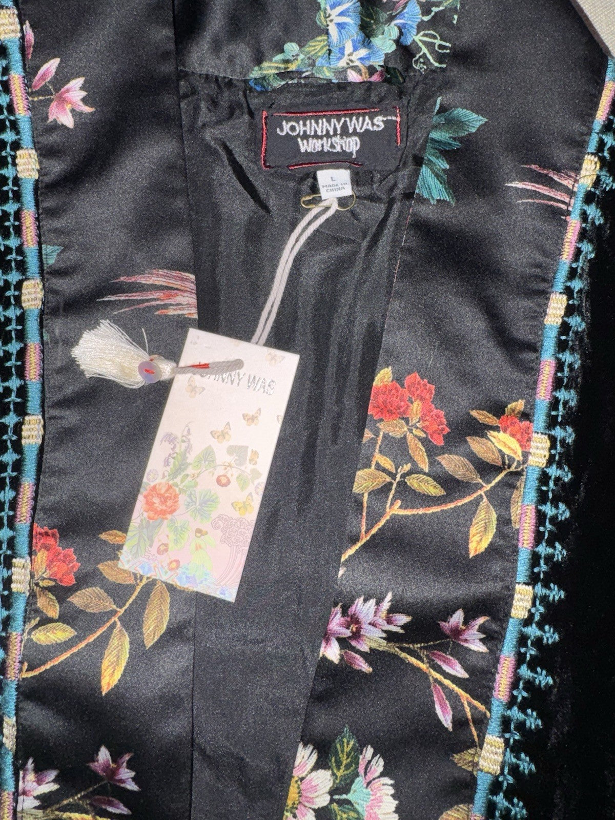 Johnny Was L Large Black Velvet & Silk Kimono Embroidered Floral Wrap Duster Johnny Was