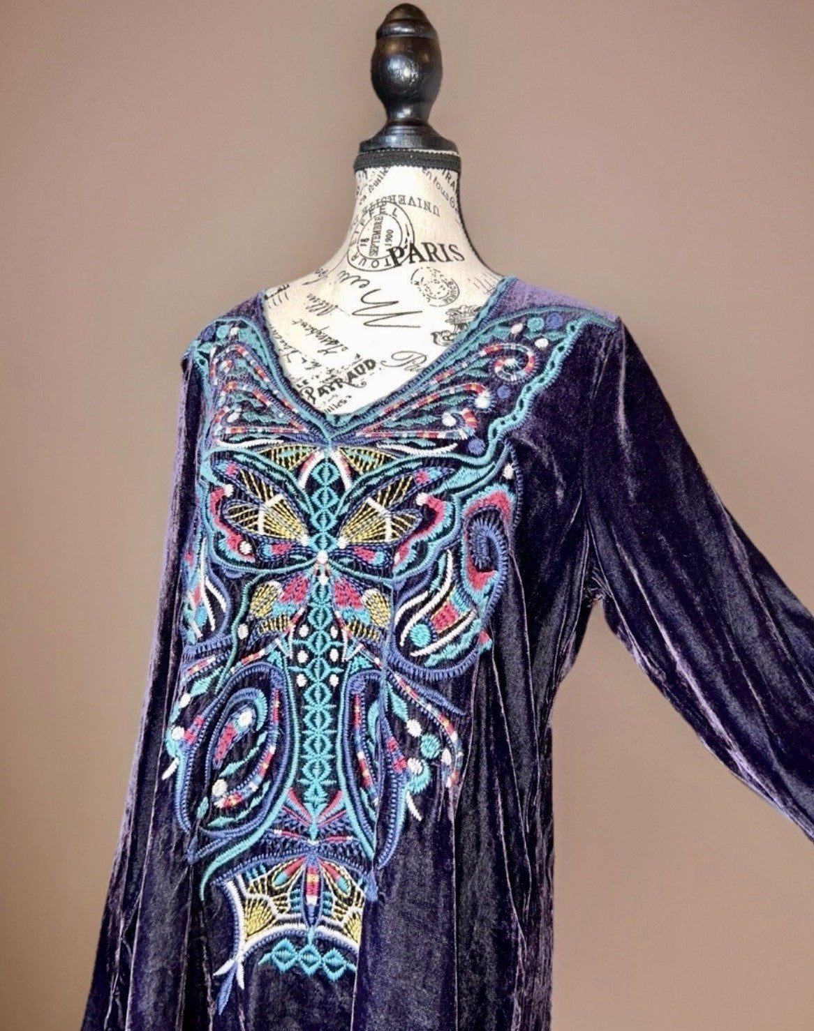 Johnny Was M Deep Purple Velvet Mini Shift Dress Butterfly Embroidered Tunic Top Johnny Was