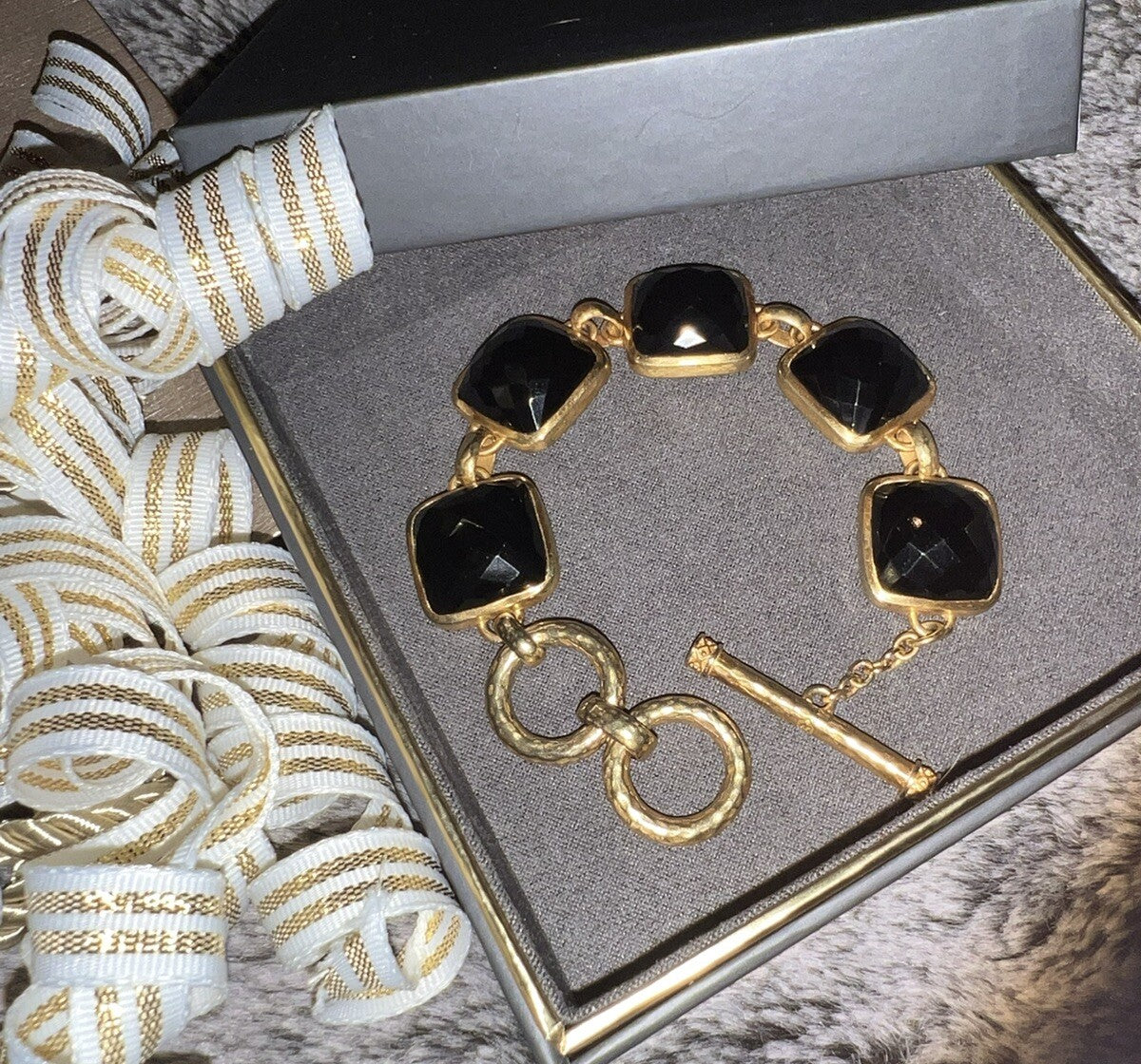 Julie Vos 8” Large Size Black Obsidian Link Bracelet Adjustable Toggle Julie Vos