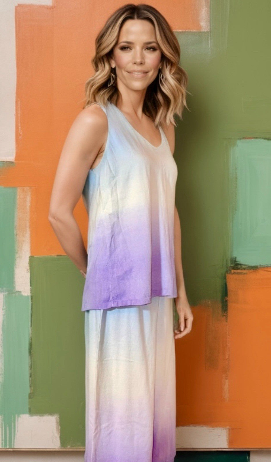 Johnny Was 3pc Set L Large Purple Whit Blue Dip Dye Kimono Tank & Wide Leg Pants Johnny Was