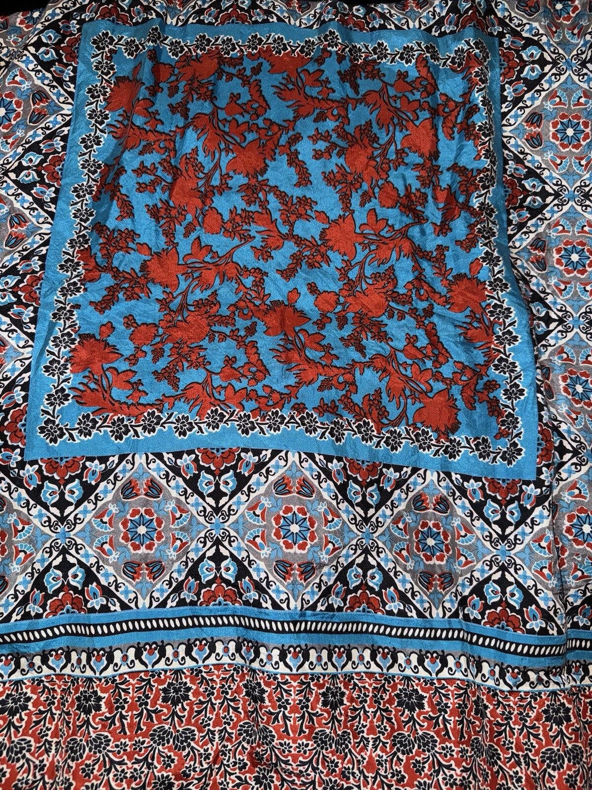 Johnny Was 3x Black Tee Shirt Blue & Red Silk Panel Back Tunic Top Tshirt BOHO Johnny Was