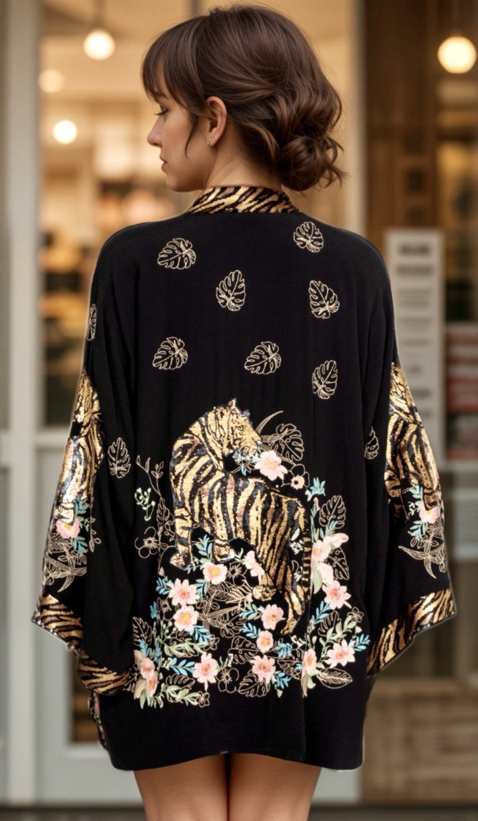 Johnny Was $490 L Large Black & Gold Sequin Kimono Jacket Tiger Silk Lined Johnny Was