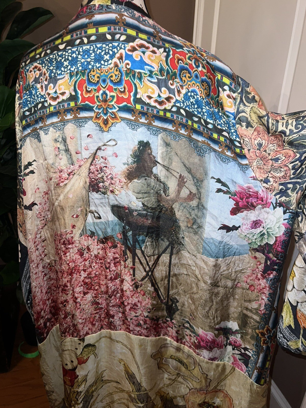 Johnny Was Large 100% Silk Kimono Cherry Blossoms STUNNING BACK Button Up Blouse Johnny Was