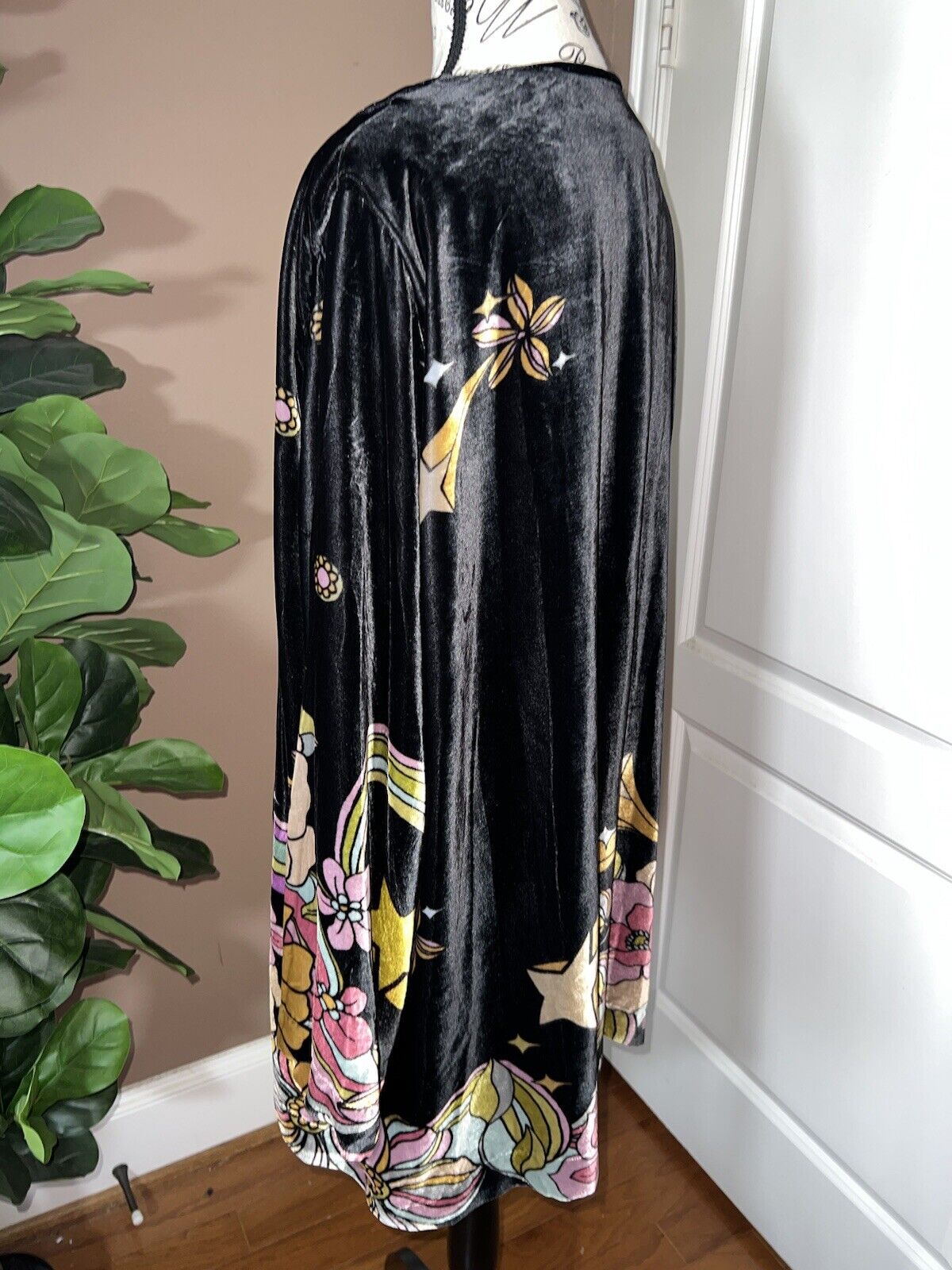 Johnny Was XL Velvet Kimono Celestial Wrap Jacket Black Silk Lined  Star