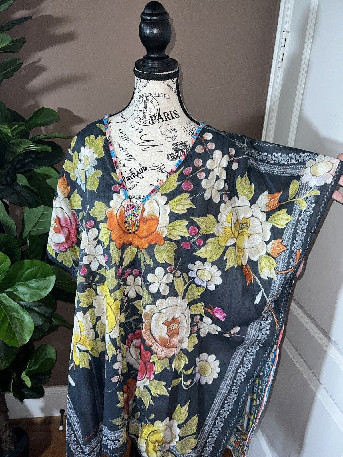 Johnny Was O/S Kimono Wrap Top Cover Up Beautiful Back & Beading Summer One Size Johnny Was