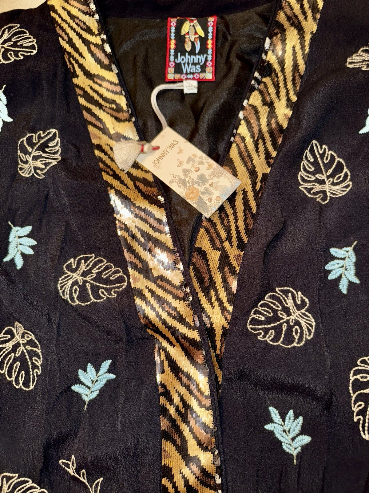 Johnny Was $490 L Large Black & Gold Sequin Kimono Jacket Tiger Silk Lined Johnny Was