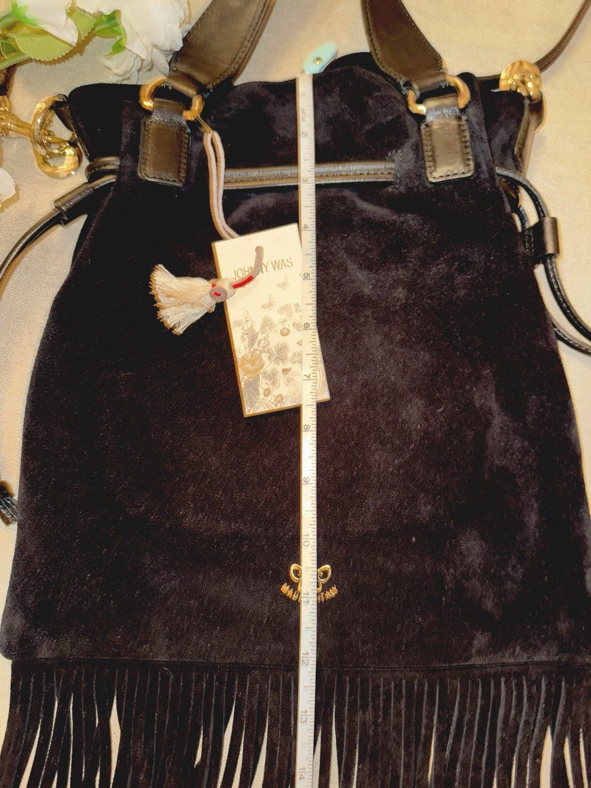 Johnny Was Black Suede Leather Crossbody Bag Purse Tote Hobo Tassels Johnny Was