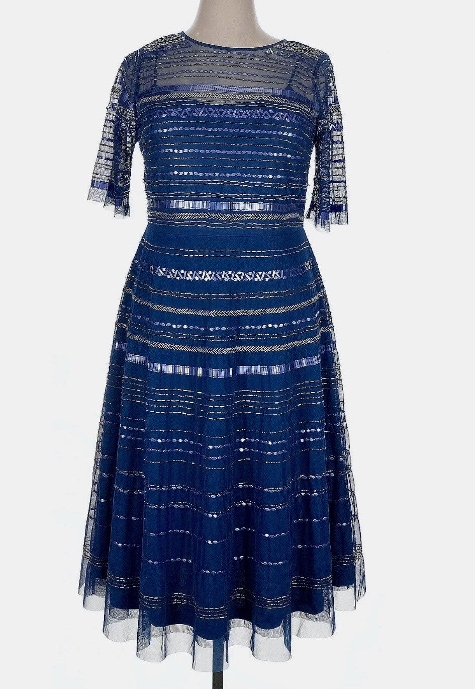 Johnny Was Sz 14 Blue Beaded Mesh Cocktail Party Dress $625 Retail Blk Label Johnny Was
