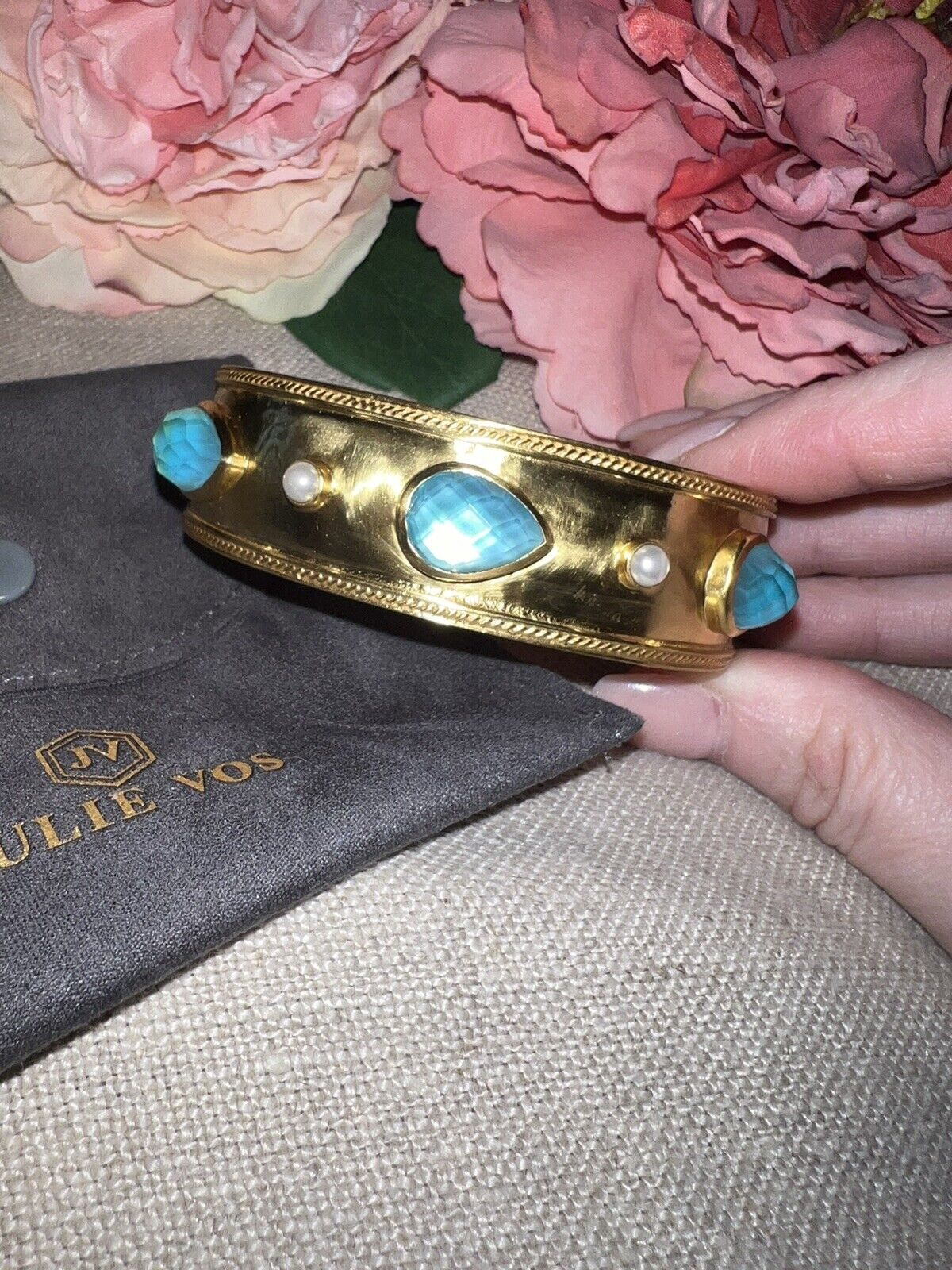 Julie Vos Large Hinged Bangle Cuff Bracelet 24k Gold Plate Bahamian Blue