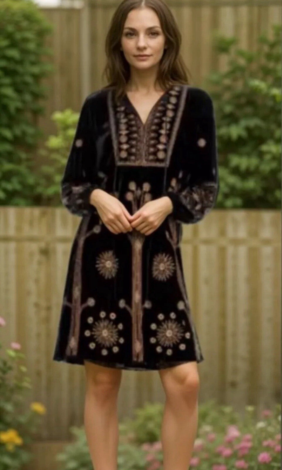 Johnny Was Large Black & Gold Velvet Shift Mini Dress Tunic Top $528 Retail Johnny Was