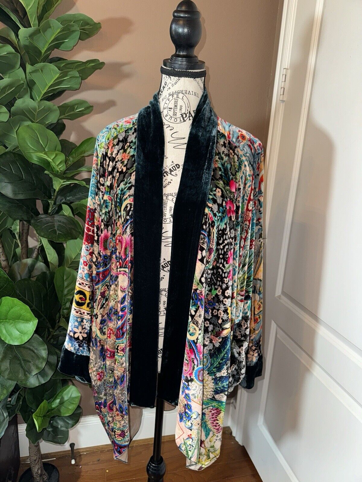 Johnny Was XXL Colorful Velvet Kimono Wrap Jacket Cardigan Coat Dolman Sleev