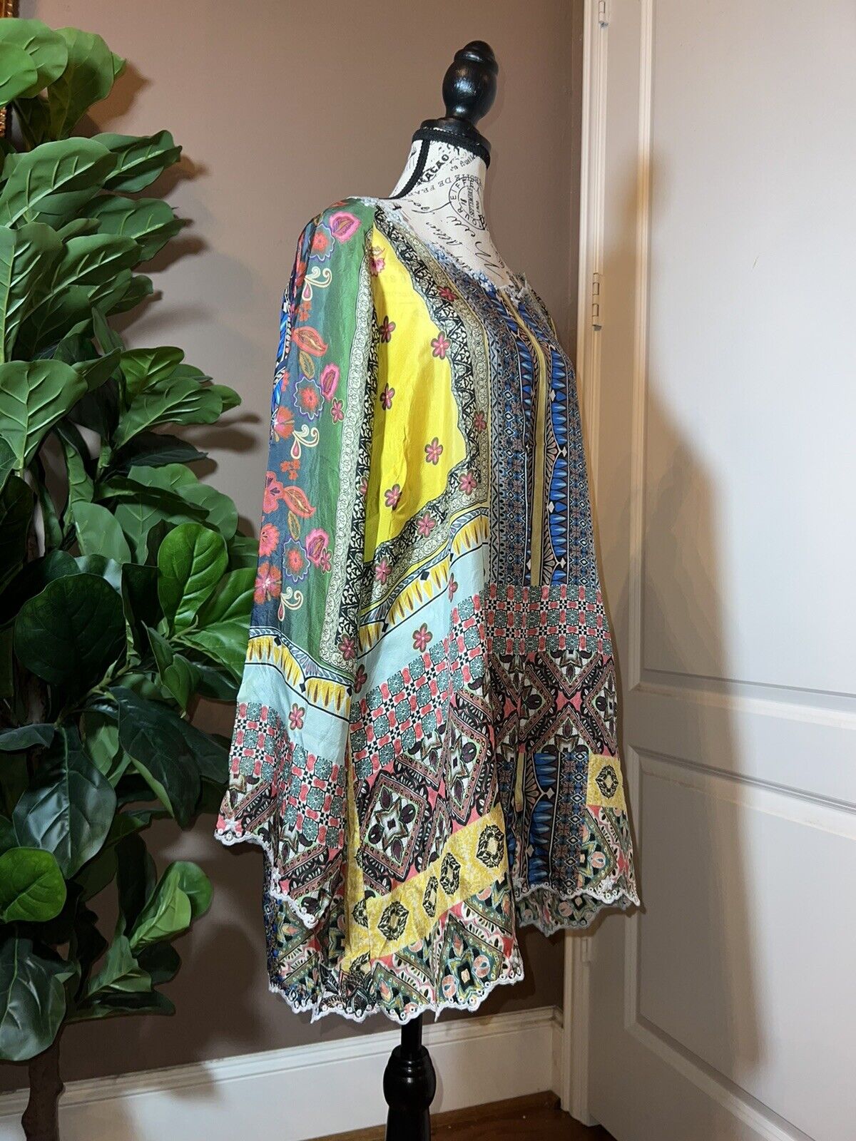 100% Silk Johnny Was Tunic Top 1X 1XL Kimono Sleeves Colorful Spring